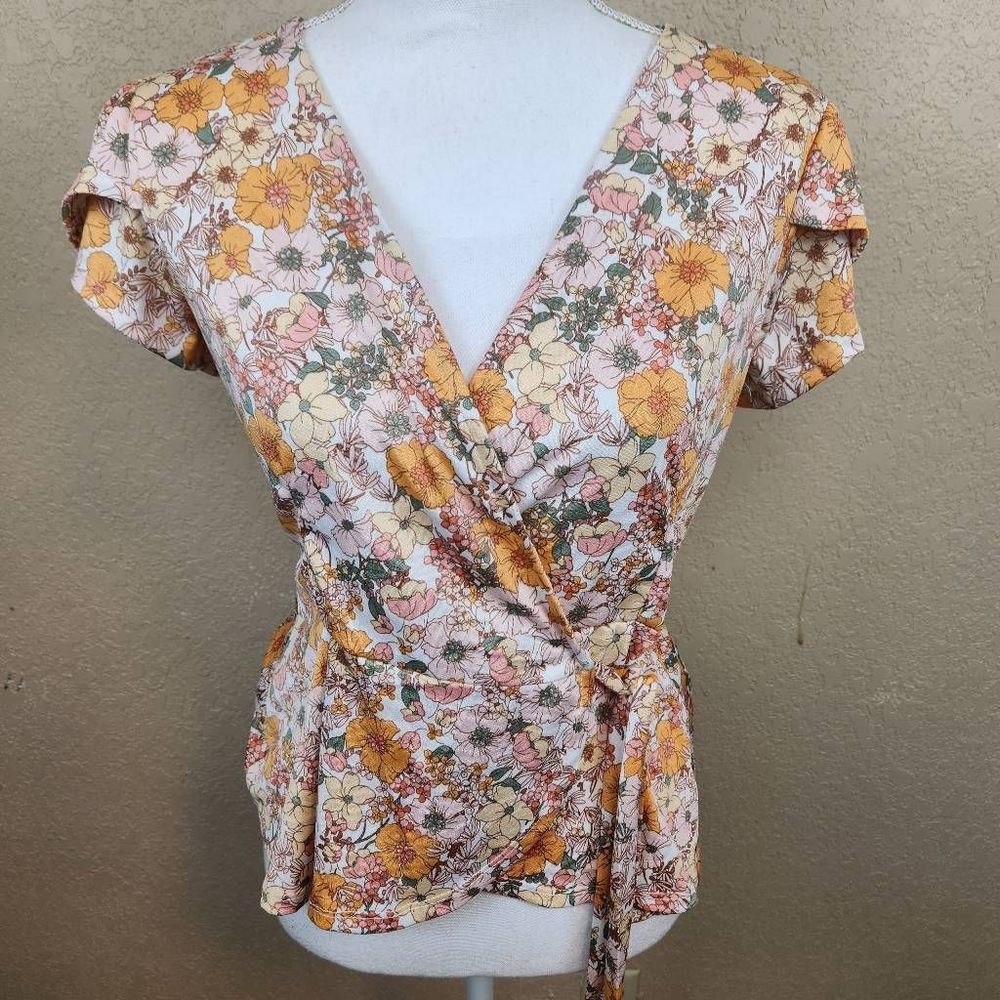 AUW Orange and Pink Floral Wrap Top Small  (7021)